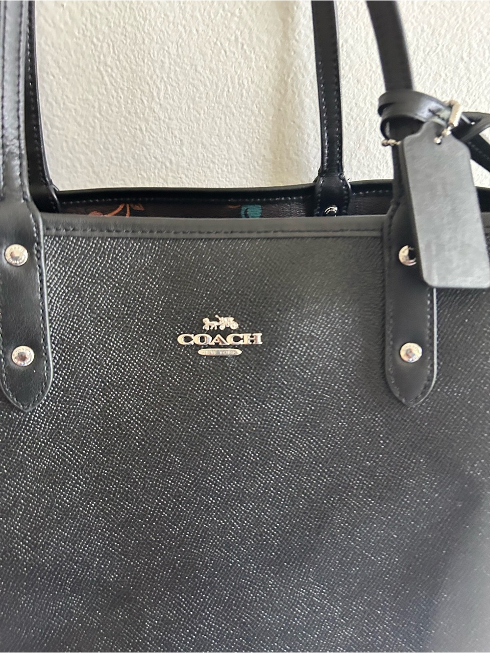 Coach Black Tote with Teal, Purple and Brown Cherry Print - Picture 4 of 11